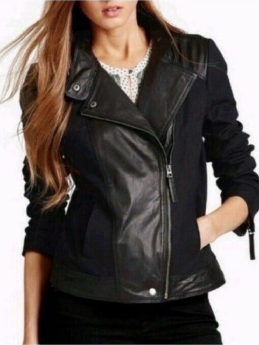 Lucky Brand Goat Leather Trim Moto Zip Up Jacket